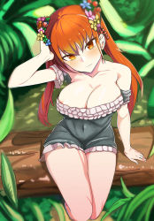 Rule 34 | 1girl, areola slip, arm support, black dress, blush, bonbakudan, breasts, cleavage, covered navel, dress, flower, frilled dress, frills, hair flower, hair ornament, hand on own head, head tilt, large breasts, long hair, looking at viewer, orange eyes, orange hair, original, outdoors, short dress, solo, strapless, strapless dress, tube dress, twintails