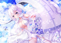 Rule 34 | 1girl, air bubble, aircraft, airplane, azur lane, bare shoulders, biplane, bouquet, breasts, bridal veil, bubble, center opening, chao wu xing xian, cleavage, cloud, dress, dutch angle, fairey swordfish, flight deck, flower, gloves, hair ribbon, halter dress, halterneck, holding, holding bouquet, illustrious (azur lane), illustrious (morning star of love and hope) (azur lane), lace, lace-trimmed dress, lace trim, large breasts, long hair, official alternate costume, purple eyes, ribbon, rose, see-through, sleeveless, sleeveless dress, solo, tress ribbon, tri tails, veil, wedding dress, white dress, white flower, white gloves, white ribbon, white rose
