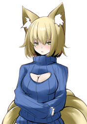 Rule 34 | 1girl, animal ear fluff, animal ears, blonde hair, blue sweater, bob cut, breasts, cleavage, cleavage cutout, clothing cutout, fox ears, fox girl, fox tail, hair between eyes, highres, kitsune, long sleeves, medium breasts, multiple tails, open mouth, ribbed sweater, short hair, simple background, solo, sunaguma, sweater, tail, touhou, turtleneck, turtleneck sweater, upper body, white background, yakumo ran, yellow eyes
