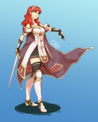 Rule 34 | 1girl, black thighhighs, blue background, blunt bangs, boots, bright pupils, celica (fire emblem), fingerless gloves, fire emblem, fire emblem echoes: shadows of valentia, fire emblem gaiden, full body, gloves, gradient background, highres, holding, holding sword, holding weapon, nintendo, red hair, smile, solo, standing, sword, thighhighs, weapon