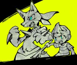 Rule 34 | 1boy, animal hands, aqua eyes, black border, border, child, clenched hand, creatures (company), cropped legs, cropped torso, eye mask, fangs, frown, game freak, gen 4 pokemon, greyscale with colored background, holding, holding stick, leaf, letterboxed, looking ahead, lucario, lucas (mother 3), mother (game), nintendo, open mouth, pokemon, pokemon (creature), shirt, short hair, short sleeves, spikes, spot color, stick, striped clothes, striped shirt, striped sleeves, super smash bros., t-shirt, teeth, teijiro, upper teeth only, v-shaped eyebrows, yellow background