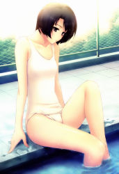 Rule 34 | 1girl, black eyes, black hair, bob cut, chain-link fence, day, fence, highres, innocent grey, kara no shoujo, leg up, looking down, one-piece swimsuit, open mouth, outdoors, parted lips, pool, poolside, school swimsuit, short hair, sitting, soaking feet, solo, sugina miki, swimsuit, tokisaka yukari, water, wet, white school swimsuit, white one-piece swimsuit