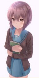Rule 34 | 1girl, bad id, bad twitter id, blue sailor collar, blue skirt, blush, book, hugging book, bookmark, brown cardigan, brown eyes, cardigan, closed mouth, collarbone, commentary request, cowboy shot, highres, holding, holding book, kita high school uniform, long sleeves, nagato yuki, hugging object, open cardigan, open clothes, purple hair, red ribbon, ribbon, sailor collar, school uniform, serafuku, short hair, skirt, solo, standing, suzumiya haruhi no yuuutsu, umineco 1, winter uniform