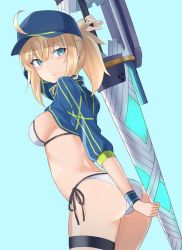 Rule 34 | 100, 100percent park, 1girl, ahoge, artoria pendragon (fate), ass, bikini, blonde hair, blue eyes, cropped jacket, fate/grand order, fate (series), hat, looking back, md5 mismatch, mysterious heroine x (fate), mysterious heroine xx (fate), ponytail, resolution mismatch, side-tie bikini bottom, source larger, swimsuit, thigh strap, weapon