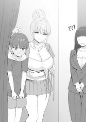 Rule 34 | 1boy, 2girls, ?, age difference, bikini, blush, breasts, child, cleavage, embarrassed, faceless, faceless female, fitting room, formal, full-face blush, greyscale, hair bun, highres, hinano (sky-freedom), jewelry, large breasts, monochrome, multiple girls, necklace, nervous, onee-shota, original, pant suit, pants, pleated skirt, single hair bun, skirt, sky-freedom, smile, suit, unworn bikini