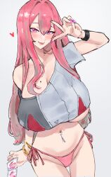Rule 34 | 1girl, absurdres, azur lane, bikini, black wristband, blush, breasts, bremerton (azur lane), brown hair, cleavage, collarbone, commentary, condom, condom wrapper, crop top, fingernails, gold bracelet, grey background, grey shirt, groin, hair between eyes, hair down, hair intakes, hand up, heart, highres, holding, holding condom, huge breasts, long fingernails, long hair, looking at viewer, mole, mole on breast, multicolored hair, nail polish, navel, navel piercing, piercing, pink bikini, pink eyes, pink hair, pink lips, pink nails, red shirt, shirt, short sleeves, side-tie bikini bottom, simple background, single off shoulder, sketch, smile, solo, stomach, streaked hair, swimsuit, thigh gap, thighs, tongue, tongue out, two-tone hair, underboob, uun (uundayo), v, wristband