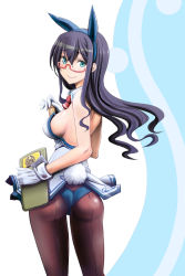 Rule 34 | 1girl, adapted costume, alternate costume, animal ears, ass, black hair, blue background, brown pantyhose, clipboard, cowboy shot, detached collar, fake animal ears, glasses, gloves, kantai collection, leotard, long hair, oobayashi mori, ooyodo (kancolle), pantyhose, playboy bunny, rabbit ears, rabbit tail, red-framed eyewear, red neckwear, semi-rimless eyewear, smile, solo, standing, strapless, strapless leotard, tail, two-tone background, under-rim eyewear, white background, white gloves, white leotard, wrist cuffs