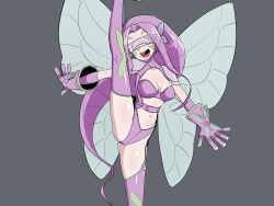 Rule 34 | 1girl, absurdres, ass, digimon, digimon (creature), fairimon, fairy, fairy wings, female focus, gloves, highres, leg up, long hair, mask, purple hair, revealing clothes, smile, solo, thong, wide hips, wings