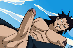 Rule 34 | 1boy, abs, bara, buranko!, fairy tail, gajeel redfox, looking at viewer, male focus, muscular, naughty face, pectorals, penis, pov, topless male, solo, testicles