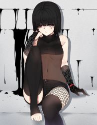 Rule 34 | 1girl, asymmetrical gloves, bare shoulders, black gloves, black hair, black thighhighs, braid, breasts, commentary request, covered navel, earrings, eyes visible through hair, fishnet thighhighs, fishnets, frown, gloves, goth fashion, highres, jewelry, kana giri, looking at viewer, medium breasts, mismatched gloves, open clothes, open shorts, original, red eyes, short braid, short shorts, shorts, sitting, solo, thighhighs, toeless legwear