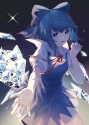 Rule 34 | 1girl, absurdres, arm up, blue background, blue bow, blue dress, blue eyes, blue hair, bow, bowtie, breasts, cirno, collared shirt, commentary request, cryokinesis, crystal, dress, gradient background, grey shirt, hair between eyes, hands up, highres, ice, ice wings, looking at viewer, medium breasts, open mouth, puffy short sleeves, puffy sleeves, red bow, red bowtie, shirt, short hair, short sleeves, sly930105, smile, solo, sparkle, touhou, wings, yellow background