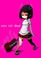 Rule 34 | 1girl, belt, black hair, black thighhighs, blue eyes, bob cut, breasts, earrings, electric guitar, eyelashes, eyeshadow, guitar, instrument, jewelry, makeup, pink background, pixiv punk and rock, pleated skirt, punk, shoes, short hair, single thighhigh, skirt, small breasts, sneakers, solo, studded belt, thighhighs, toman rock, torn clothes