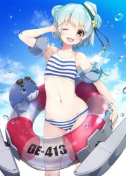 Rule 34 | 1girl, 1other, bikini, black ribbon, blue hair, blue sky, cloud, cowboy shot, dixie cup hat, double bun, eyewear on head, fang, hair bun, hat, inflatable armbands, innertube, kantai collection, little blue whale (kancolle), looking at viewer, machinery, military hat, mofu namako, one eye closed, open mouth, ribbon, samuel b. roberts (kancolle), short hair, sky, smile, standing, striped bikini, striped clothes, sunglasses, swim ring, swimsuit, whale, white headwear, yellow eyes