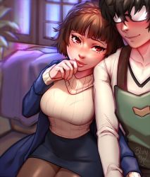 Rule 34 | 1boy, 1girl, amamiya ren, apron, artist name, bad id, bad twitter id, black hair, blue skirt, blush, blushyspicy, braid, brown hair, brown pantyhose, coat, collarbone, couple, crown braid, furrowed brow, glasses, hand to own mouth, hand up, height difference, hetero, indoors, light smile, lips, long sleeves, miniskirt, niijima makoto, open clothes, open coat, pantyhose, pencil skirt, persona, persona 5, red eyes, shirt, short hair, side-by-side, sitting, skirt, smile, sweater, tight skirt