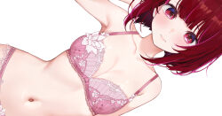 Rule 34 | 1girl, arima kana, bare shoulders, blunt bangs, blush, bob cut, bra, breasts, cleavage, closed mouth, collarbone, lace, lace-trimmed bra, lace trim, looking at viewer, machi (7769), medium breasts, navel, no pupils, oshi no ko, panties, pink bra, pink panties, red eyes, red hair, short hair, small breasts, solo, underwear, underwear only