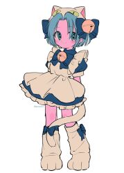 Rule 34 | 1girl, animal feet, animal hat, apron, arms behind back, bell, blue bow, blue dress, blush stickers, bow, cat hat, cat tail, closed mouth, dejiko, di gi charat, dress, frilled dress, frills, full body, green eyes, green hair, hat, highres, jingle bell, maid apron, menma (enaic31), puffy short sleeves, puffy sleeves, short sleeves, smile, solo, tail, tail bow, tail ornament, white background