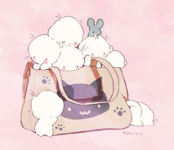 Rule 34 | . ., 6+others, afro, ambiguous gender, animal, bad id, bad pixiv id, bag, blush stickers, closed eyes, closed mouth, commentary request, handbag, highres, in bag, in container, manino (mofuritaionaka), mouse (animal), multiple others, no humans, original, paw print, pink background, signature, smile, u u
