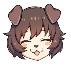 Rule 34 | 10s, 1girl, :3, :p, akiyama yukari, animal ears, blush, brown hair, character request, closed eyes, commentary request, dog ears, face, girls und panzer, head only, icomochi, kemonomimi mode, looking at viewer, messy hair, short hair, simple background, smile, snout, solo, tongue, tongue out, white background