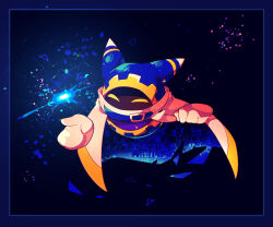 Rule 34 | ^ ^, animal ears, belt, belt buckle, belt collar, black background, blue belt, blue border, blue cape, blue hood, border, buckle, cape, cape hold, closed eyes, collar, commentary request, covered mouth, disembodied limb, gear print, gloves, holding, holding clothes, kirby (series), magic, magolor, nintendo, no humans, rayman limbs, scarf, shards, shirushiki, solid eyes, solo, triangle, two-sided cape, two-sided fabric, white cape, white gloves, white scarf, yellow eyes
