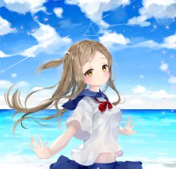 Rule 34 | 1girl, bad id, bad twitter id, blouse, blue skirt, blue sky, blush, breasts, brown eyes, brown hair, closed mouth, cloud, cloudy sky, commentary request, day, liby (libtnvd), light smile, looking at viewer, medium breasts, ocean, one side up, original, outdoors, outstretched arms, school uniform, serafuku, shirt, short sleeves, skirt, sky, smile, solo, triangle, upper body, white shirt