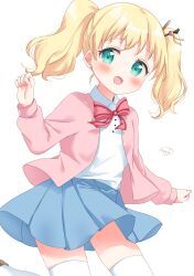 Rule 34 | 1girl, alice cartelet, arm up, blonde hair, blue skirt, blush, cardigan, green eyes, hair ornament, highres, kin-iro mosaic, leg up, long hair, looking at viewer, miniskirt, open mouth, pink cardigan, pleated skirt, school uniform, shirt, simple background, skirt, smile, solo, standing, standing on one leg, sugutsuka rerun, thighhighs, thighs, twintails, white background, white shirt, white thighhighs, zettai ryouiki