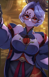 Rule 34 | 1girl, blurry, breasts, commentary request, cowboy shot, depth of field, eyeshadow, fujioka yatsufusa, glasses, gloves, goggles, goggles on head, headband, highres, jacket, large breasts, makeup, nintendo, off shoulder, open clothes, open jacket, purah, red-framed eyewear, red eyes, round eyewear, sheikah, shirt, short eyebrows, sleeveless, sleeveless shirt, solo, the legend of zelda, the legend of zelda: tears of the kingdom, triangle mouth, white hair