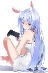 Rule 34 | 1girl, absurdres, bare shoulders, blue hair, controller, game controller, highres, hololive, rabbit ears, sitting, solo, usada pekora, virtual youtuber, watatabeseeds, yellow eyes