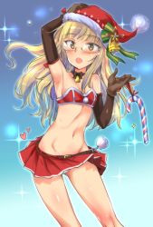 Rule 34 | 1girl, aohashi ame, armpits, bell, belt, black gloves, blonde hair, breasts, candy, candy cane, choker, elbow gloves, food, glasses, gloves, hand on headwear, hat, heart, highres, long hair, looking at viewer, microskirt, open mouth, panties, perrine h. clostermann, santa costume, santa gloves, santa hat, skirt, small breasts, solo, strike witches, underwear, upskirt, white panties, world witches series, yellow eyes