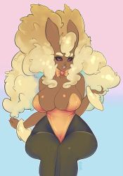Rule 34 | 00s, 1girl, animal ears, big hair, black pantyhose, black sclera, blonde hair, blue background, bow, bowtie, breasts, buck teeth, cleavage, colored sclera, cowboy shot, creatures (company), dark-skinned female, dark skin, eyebrows, fake animal ears, fur, furry, furry female, game freak, gen 4 pokemon, highres, huge breasts, humanization, impossible clothes, invisible chair, leotard, live for the funk, long hair, lopunny, nintendo, pantyhose, personification, pink eyes, playboy bunny, pokemon, pokemon (creature), pokemon dppt, rabbit ears, rabbit girl, sitting, solo, teeth, thick eyebrows, upper teeth only, wide hips, wrist cuffs