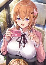Rule 34 | 1girl, aged up, alternate breast size, blush, bread, breasts, buttons, cake, cellphone, collared shirt, drink, drinking straw, food, gochuumon wa usagi desu ka?, hair between eyes, hair ornament, hairclip, holding, holding phone, hoto cocoa, ks (xephyrks), large breasts, long hair, long sleeves, open mouth, orange hair, phone, purple eyes, shirt, sitting, smartphone, solo, white shirt