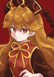 Rule 34 | 1girl, black dress, black headwear, blonde hair, chinese clothes, commentary request, crescent, dress, highres, himari ra, junko (touhou), long hair, long sleeves, looking at viewer, one-hour drawing challenge, orange eyes, orange hair, orange tabard, phoenix crown, pom pom (clothes), red background, ribbon, simple background, tabard, tassel, touhou, very long hair, yellow ribbon