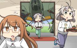 Rule 34 | aircraft, airplane, akitsushima (kancolle), alternate costume, anchor hair ornament, antenna hair, brown eyes, brown hair, clothes writing, commentary request, crack, dated, door, closed eyes, food, green eyes, green pants, grey hair, hair ornament, hamu koutarou, highres, hotplate, kantai collection, kinugasa (kancolle), long hair, medium hair, mochi, mochizuki (kancolle), one-hour drawing challenge, pants, purple pants, red-framed eyewear, semi-rimless eyewear, side ponytail, sidelocks, sweater, track pants, under-rim eyewear, white legwear, white sweater