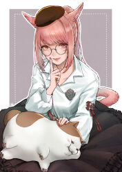 Rule 34 | 1girl, absurdres, animal ears, cam (cammero95713700), cat ears, cat tail, facial mark, fat cat (ff14), final fantasy, final fantasy xiv, glasses, hat, highres, long hair, looking at viewer, miqo&#039;te, pink eyes, pink hair, ponytail, round eyewear, sitting, slit pupils, solo, tail, warrior of light (ff14), whisker markings