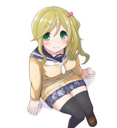 Rule 34 | 1girl, black thighhighs, blonde hair, blush, cardigan, commentary, from above, green eyes, hair bobbles, hair ornament, highres, inuyama aoi, invisible chair, light smile, nairage, sailor collar, school uniform, side ponytail, sitting, solo, thick eyebrows, thighhighs, white background, yurucamp, zettai ryouiki