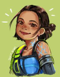 Rule 34 | 1girl, absurdres, apex legends, black gloves, blue shirt, brown eyes, brown hair, character name, commentary, conduit (apex legends), dark-skinned female, dark skin, earrings, elbow gloves, english commentary, gloves, green background, hair behind ear, highres, jewelry, looking at viewer, notice lines, red lips, shirt, short hair, simple background, smile, solo, wiki (juicykiwi)