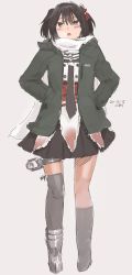 Rule 34 | 1girl, black hair, black neckerchief, brown eyes, dated, green jacket, grey background, hair ornament, hands in pockets, highres, jacket, kantai collection, kawashina (momen silicon), kneehighs, long sleeves, medium hair, neckerchief, open mouth, scarf, sendai (kancolle), sendai kai ni (kancolle), signature, simple background, single kneehigh, single sock, single thighhigh, sketch, skirt, socks, solo, thighhighs, two side up, white scarf