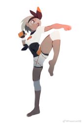 Rule 34 | 1girl, barefoot, bea (pokemon), black bodysuit, black hairband, bodysuit, bodysuit under clothes, bow hairband, clenched hands, closed mouth, commentary request, creatures (company), dynamax band, full body, game freak, gloves, grey eyes, grey hair, hair between eyes, hairband, highres, knee pads, leg up, nintendo, partially fingerless gloves, pokemon, pokemon swsh, powerlesssong, print shorts, short hair, short sleeves, shorts, single glove, solo, watermark, white background