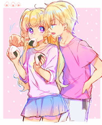 Rule 34 | 1boy, 1girl, ahoge, arm around shoulder, blonde hair, blue eyes, blue skirt, blush stickers, brother and sister, food, food on face, hand on own hip, holding, holding food, looking at another, miniskirt, mouth hold, one side up, onigiri, open mouth, pants, pink background, pink shirt, pretty series, pripara, purple eyes, reaching, shirt, short sleeves, siblings, sidelocks, sketch, skirt, touyama soboro, white pants, yumekawa shogo, yumekawa yui
