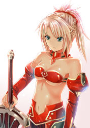 Rule 34 | 1girl, absurdres, aqua eyes, bare shoulders, blonde hair, breasts, clarent (fate), cleavage, fate/apocrypha, fate/grand order, fate (series), highres, holding, holding sword, holding weapon, medium breasts, midriff, mordred (fate), mordred (fate/apocrypha), navel, solo, sword, underboob, upper body, weapon