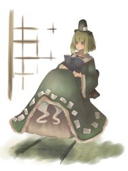 Rule 34 | 1girl, 87ilil, black hat, book, closed mouth, full body, ghost tail, green eyes, green hair, hat, holding, holding book, long sleeves, ofuda, ofuda on clothes, reading, soga no tojiko, solo, tate eboshi, touhou, wide sleeves