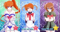 Rule 34 | 2girls, bare shoulders, blue eyes, breasts, brown hair, cleavage, detached sleeves, closed eyes, gift, glasses, highres, large breasts, long hair, lyrical nanoha, stern the destructor, multiple girls, school uniform, short hair, side ponytail, takamachi nanoha, tappa (esperanza), twintails