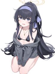 Rule 34 | 1girl, bags under eyes, bare shoulders, bikini, black bikini, black cardigan, black hair, blue archive, blue eyes, blue hairband, blush, breasts, cardigan, collarbone, hair between eyes, hairband, halo, halterneck, highres, jewelry, kaniman, long hair, long sleeves, looking at viewer, necklace, open mouth, ponytail, simple background, sitting, small breasts, solo, sweatdrop, swimsuit, ui (blue archive), ui (swimsuit) (blue archive), very long hair, white background