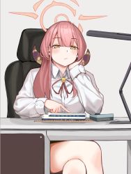 Rule 34 | 1girl, aru (blue archive), blue archive, blush, breasts, chair, closed mouth, crossed legs, desk, desk lamp, elbow rest, grey background, halo, head rest, horns, hoshiya takahito, lamp, long hair, long sleeves, neck ribbon, pink hair, pink ribbon, ribbon, shirt, simple background, sitting, solo, toy train, white shirt, yellow eyes