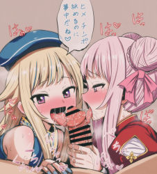 Rule 34 | 2girls, bad id, bad twitter id, bar censor, blonde hair, blush, censored, character request, cooperative fellatio, copyright request, double bun, fellatio, hair bun, heavy breathing, highres, himehina channel, looking at viewer, mame rakko, multiple girls, nail polish, open mouth, oral, partially translated, penis, pink eyes, pink hair, saliva, simple background, tongue, tongue out, translation request, virtual youtuber