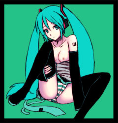 Rule 34 | 1girl, aqua eyes, aqua hair, bad id, bad pixiv id, breasts, detached sleeves, hatsune miku, headset, long hair, nipples, panties, saiko dagashi, sitting, small breasts, solo, spread legs, striped clothes, striped panties, thighhighs, twintails, underwear, vocaloid