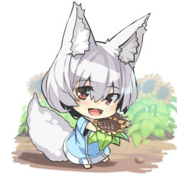 Rule 34 | 1girl, :d, animal ear fluff, animal ears, blue dress, chibi, commentary request, dress, flower, fox ears, fox girl, fox tail, hair between eyes, holding, holding flower, long sleeves, looking at viewer, open mouth, original, red eyes, smile, solo, standing, sunflower, tail, white hair, wide sleeves, yellow flower, yuuji (yukimimi)