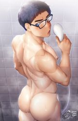 Rule 34 | 1boy, ass, back, bara, bathroom, black hair, blue eyes, blush, glasses, highres, holding, holding shower head, konpenpen, large pectorals, looking back, male focus, muscular, muscular male, nipples, nude, open mouth, original, paid reward available, pectorals, paid reward available, short hair, shower head, solo, steam, tan, tanline, twitter username, wet