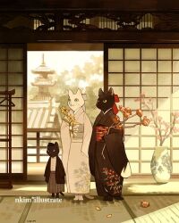 Rule 34 | 1girl, 2boys, architecture, black kimono, branch, cat, commentary, east asian architecture, english commentary, floral print, flower, furry, hakama, hakama pants, holding, holding flower, indoors, japanese clothes, kimono, multiple boys, nadia kim, original, pants, petals, pink kimono, smile, standing, vase, whiskers, wide sleeves