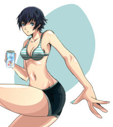 Rule 34 | 1girl, ass, atlus, bad id, bad pixiv id, bare shoulders, bike shorts, blue hair, breasts, can, drink can, legs, looking at viewer, mahaokedain, persona, persona 4, shirogane naoto, short hair, soda can, solo, thighs, wavy hair, yuzucchi