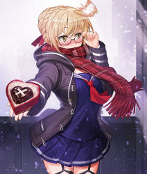 Rule 34 | 1girl, adjusting eyewear, afterimage, ahoge, ahoge wag, artoria pendragon (all), artoria pendragon (fate), averting eyes, black-framed eyewear, blonde hair, blue skirt, blush, box, braid, breasts, candy, chocolate, chocolate heart, covered mouth, cowboy shot, expressive hair, eyelashes, fate/grand order, fate (series), flustered, food, garter straps, glasses, goomrrat, hair ribbon, heart, heart-shaped box, hood, hood down, hooded jacket, incoming gift, jacket, long hair, long sleeves, miniskirt, motion blur, mysterious heroine x alter (fate), mysterious heroine x alter (first ascension) (fate), neckerchief, outstretched arm, plaid, plaid scarf, pleated skirt, red neckerchief, red ribbon, red scarf, ribbon, saber (fate), scarf, scarf over mouth, school uniform, semi-rimless eyewear, skirt, solo, triangle, under-rim eyewear, valentine, wind, yellow eyes